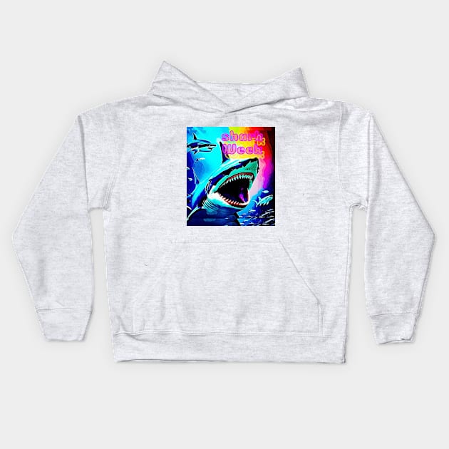 Shark Week (neon shark) Kids Hoodie by PersianFMts